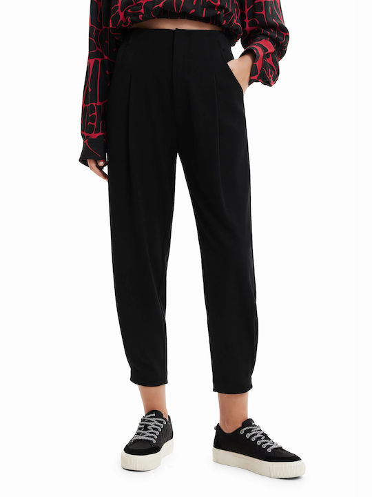 Ra Women's High-waisted Fabric Capri Trousers Carrot Fit Black