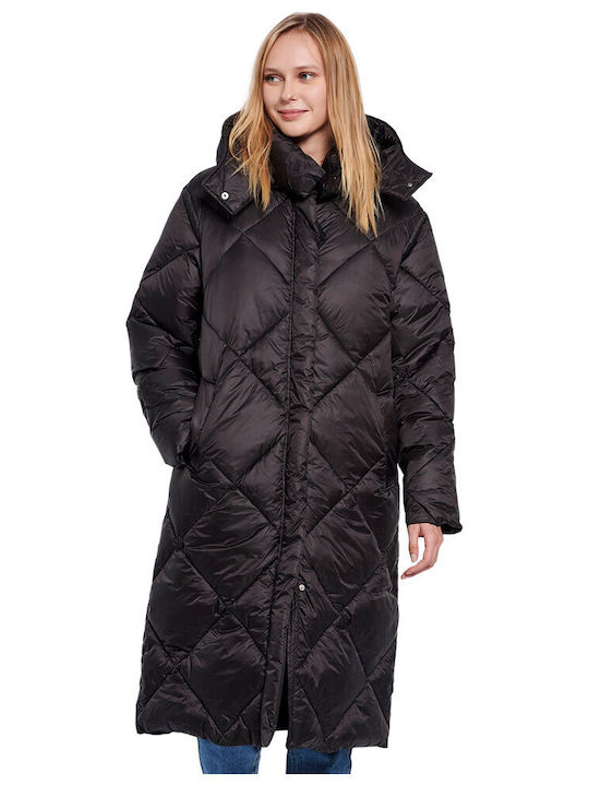 Lang Damen Puffer Jacke für Winter Schwarz