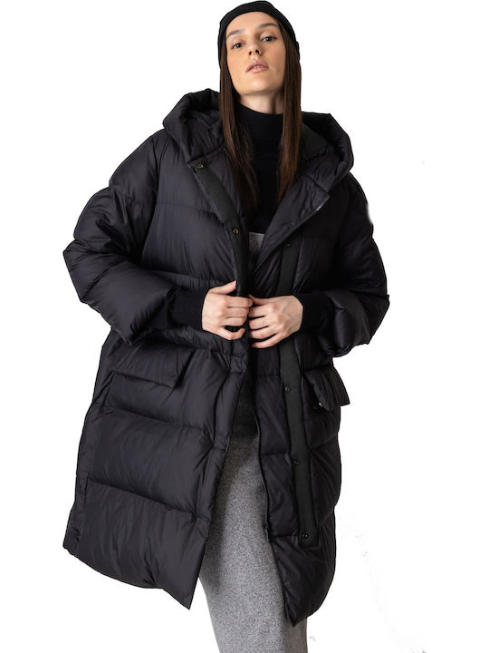 Women's Long Puffer Jacket for Winter with Hood Black