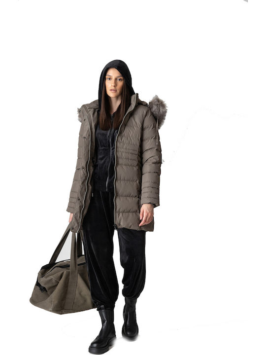 Lang Damen Puffer Jacke mit pelziger Kapuze für Winter Dark Beige