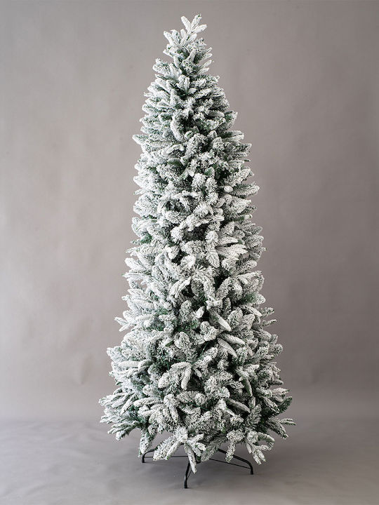 Jersey Snowy Christmas Slim Green Tree with Metallic Base and Built in Branches H210cm