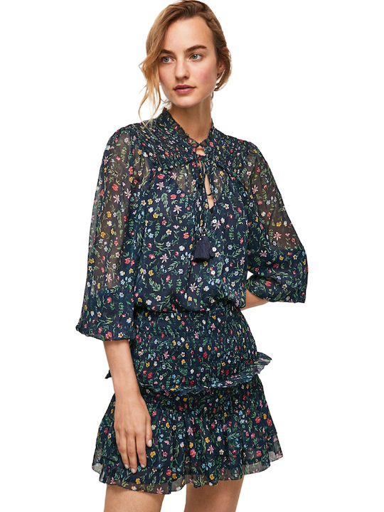 Gulsen Summer Tunic Long Sleeve Floral Navy Blue