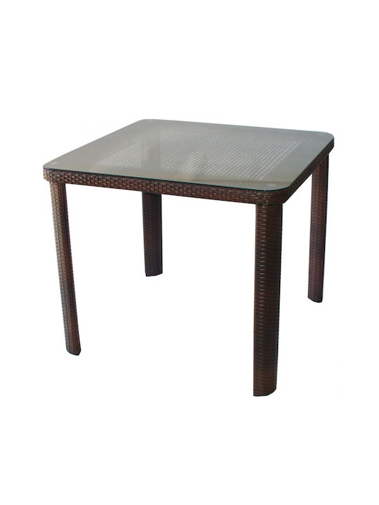 341-1 Outdoor Table for Small Spaces with Glass Surface and Rattan Frame Brown 90x90x76cm