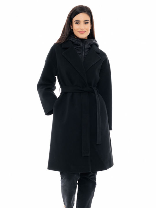 Splendid Γυναικείο Μαύρο Παλτό με Κουκούλα