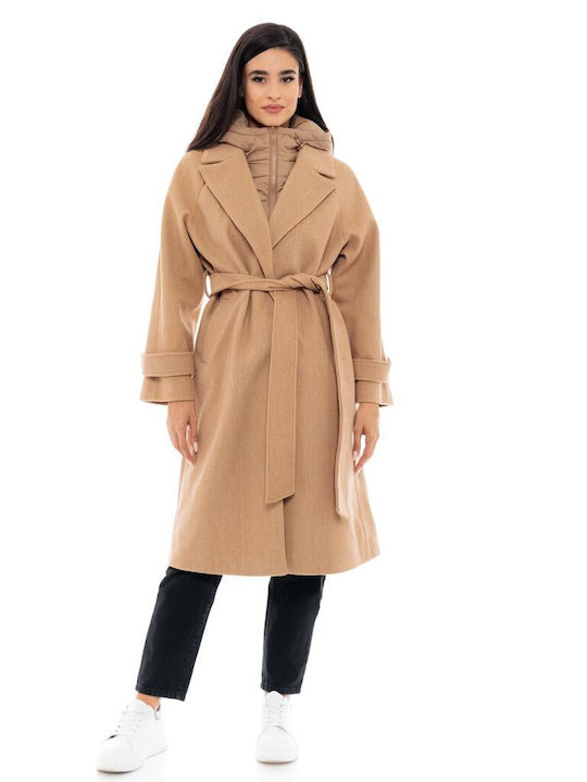 Biston Damen Beige Mantel Oversized mit Kapuze