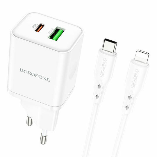 Borofone Charger with USB-A Port and USB-C Port and Cable USB-C - Lightning 20W Power Delivery Whites (BN7)