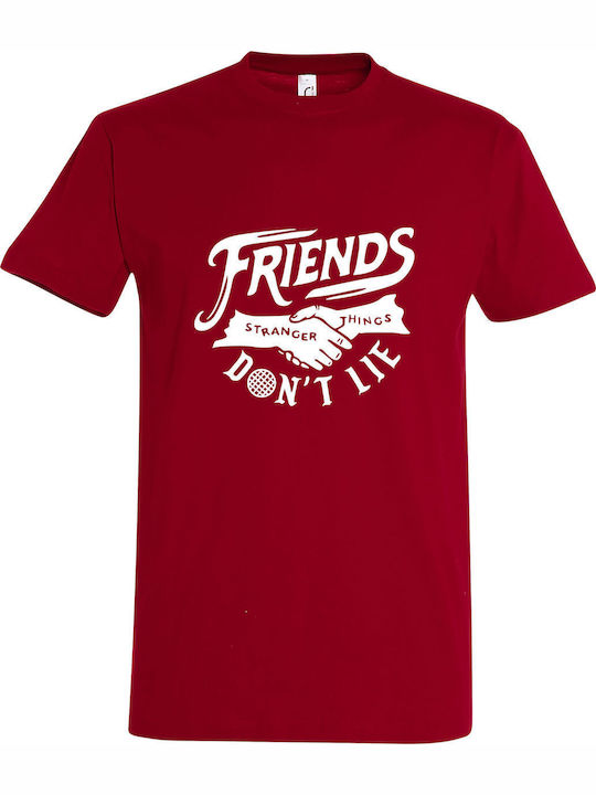 Tricou Unisex " Stranger Things, Friends Don't Lie ", roșu închis