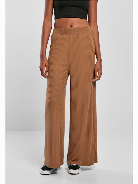 Women's Fabric Trousers with Elastic Brown