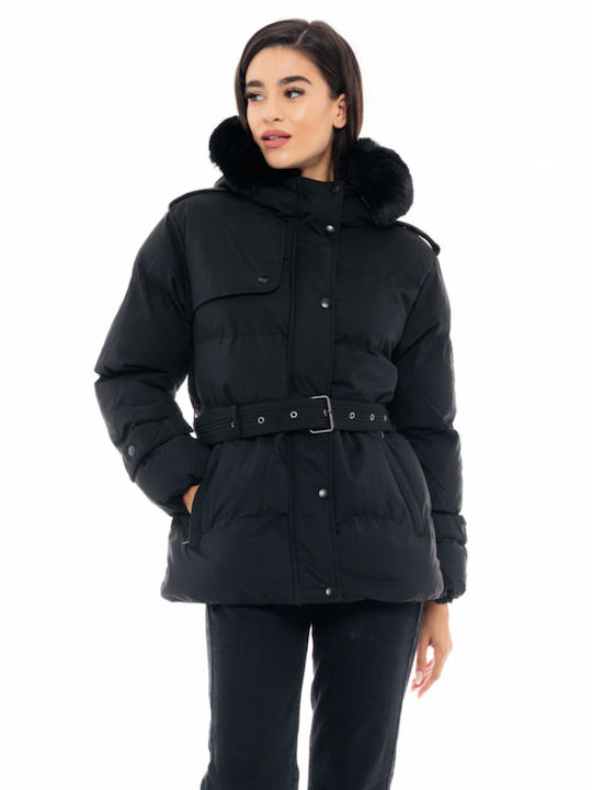 Splendid Women's Short Puffer Jacket for Winter with Hood Black
