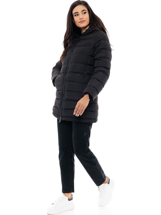 Women's Long Puffer Jacket Double Sided for Winter with Hood Black