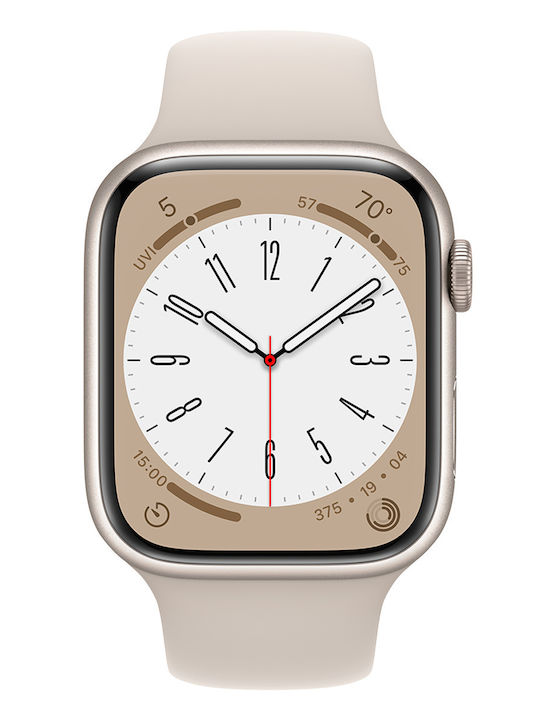 Apple Watch Series 8 Aluminium 45mm Αδιάβροχο με Παλμογράφο (Starlight with Starlight Sport Band)