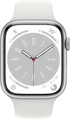 Apple Watch Series 8 Aluminium 45mm Αδιάβροχο με Παλμογράφο (Silver with White Sport Band)
