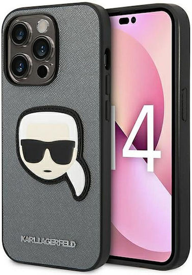 Karl Lagerfeld Saffiano With Karl Head Patch Umschlag Rückseite Silikon Silber (iPhone 14 Pro Max)
