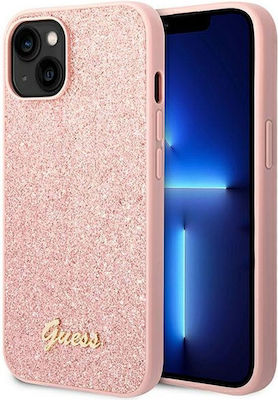 Guess Glitter Flakes Script Metal Logo Umschlag Rückseite Silikon Rosa (iPhone 14) GUHCP14SHGGSHP