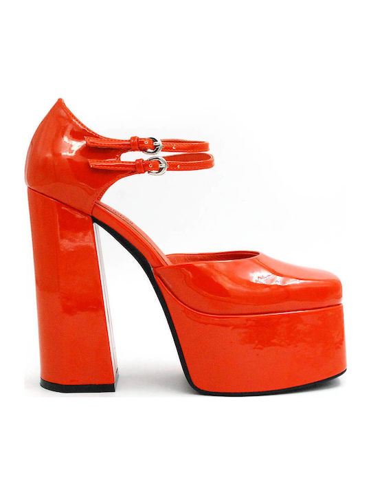 Leila Leder Pumps mit Riemchen & hoher Absatz Orange