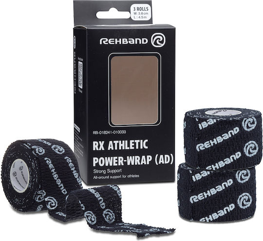 Rehband RX Athletic Power-Wrap Hookgrip Tape Ελαστικές Αυτοκόλλητες Αθλητικές Ταινίες 3.8cm x 4.5m Μαύρες 3τμχ