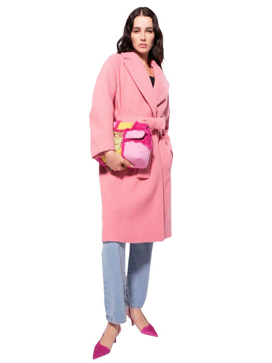 Pinko Μπουκλέ Γυναικείο Ροζ Παλτό με Ζώνη
