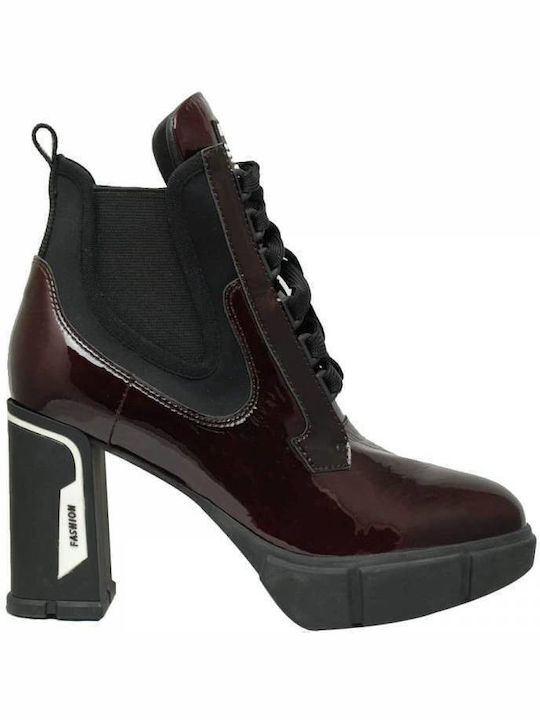 Leather Women's Ankle Boots with High Heel Burgundy