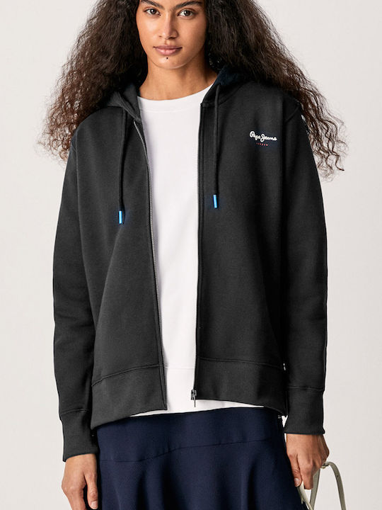 Calista Zipper Γυναικεία Ζακέτα Φούτερ με Κουκούλα Μαύρη