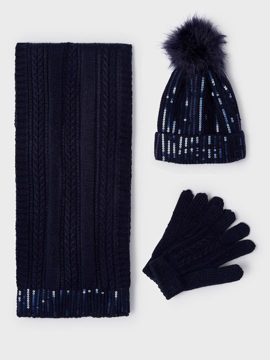 Hat Sequins Kids Beanie Set with Scarf & Gloves Knitted Navy Blue