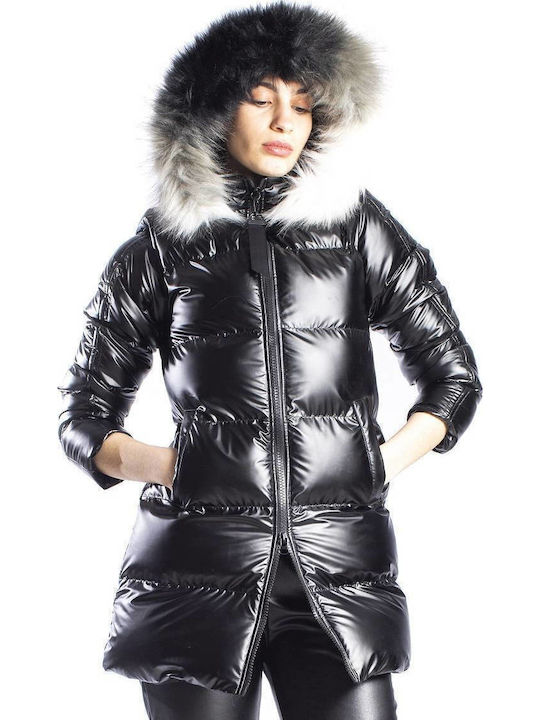 Lungă Jachetă de femei Puffer cu glugă de blană Negru