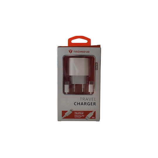Technovo с USB-C порт и кабел USB-C 20W Power Delivery / Quick Charge 3.0 Бял (TN-F014)