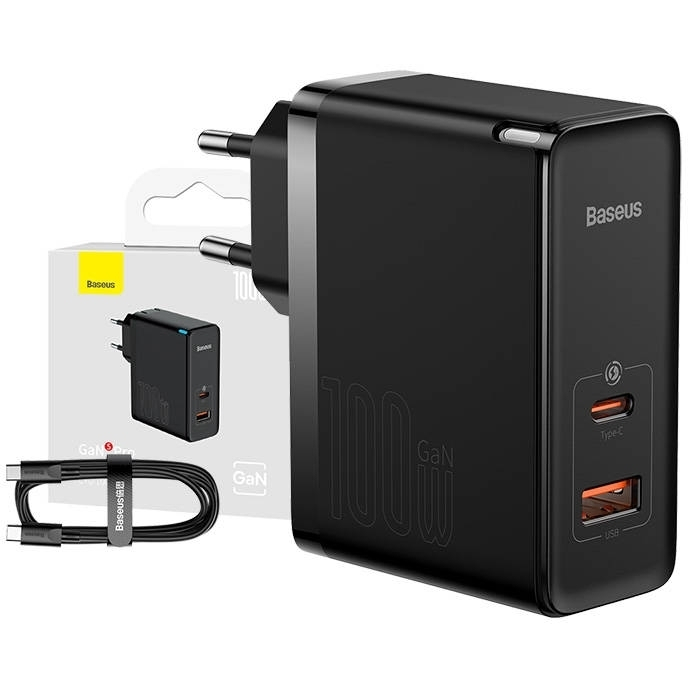 Baseus Φορτιστής GaN USB-C+USB, 100W με Καλώδιο 1m (Μαύρο)