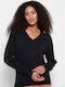 Funky Buddha Women's Long Sleeve Sweater Cotton with V Neckline Black