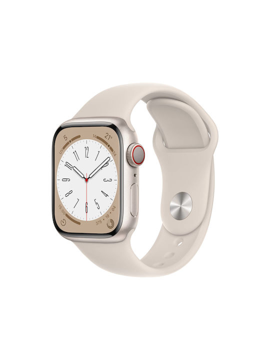 Apple Watch Series 8 Cellular Aluminiu 41mm Rezistent la apă cu eSIM și pulsometru (Starlight cu Starlight Sport Band)