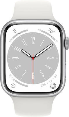 Apple Watch Series 8 Cellular Aluminium 45mm Αδιάβροχο με eSIM και Παλμογράφο (Silver with White Sport Band)