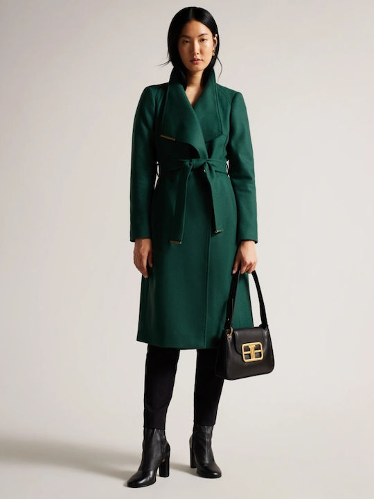 Ted Baker Μάλλινο Γυναικείο Σκούρο Πράσινο Παλτό με Ζώνη