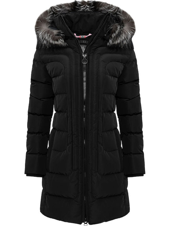Astoria Long Women's Puffer Jacket with Furry Hood for Winter Black