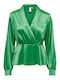 Only Women's Blouse Satin Long Sleeve with V Neckline Green