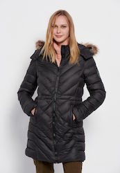 Funky Buddha Women's Long Puffer Jacket for Winter with Detachable Hood Black