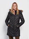 Funky Buddha Women's Long Puffer Jacket for Winter with Detachable Hood Black