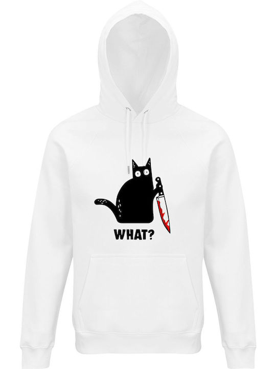 Hoodie Unisex Organic " Cat What Murderous Black Cat With Knife ", White