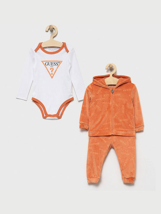 Guess Baby Bodysuit Set Long-Sleeved Velvet with Pants Orange