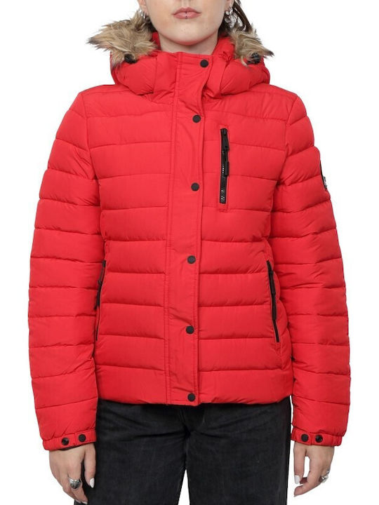 Superdry Kurz Damen Puffer Jacke mit pelziger Kapuze für Winter Rot
