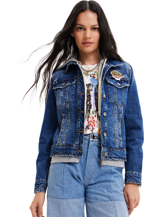 Jacksonville Women's Short Jean Jacket for Spring or Autumn with Hood Blue