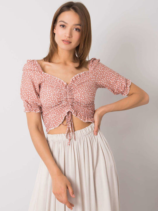 Rue Paris Women's Summer Crop Top Cotton Short Sleeve Floral Dark Pink