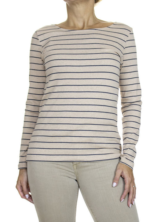 Tom Tailor Damen Bluse Baumwolle Langärmelig Gestreift Beige