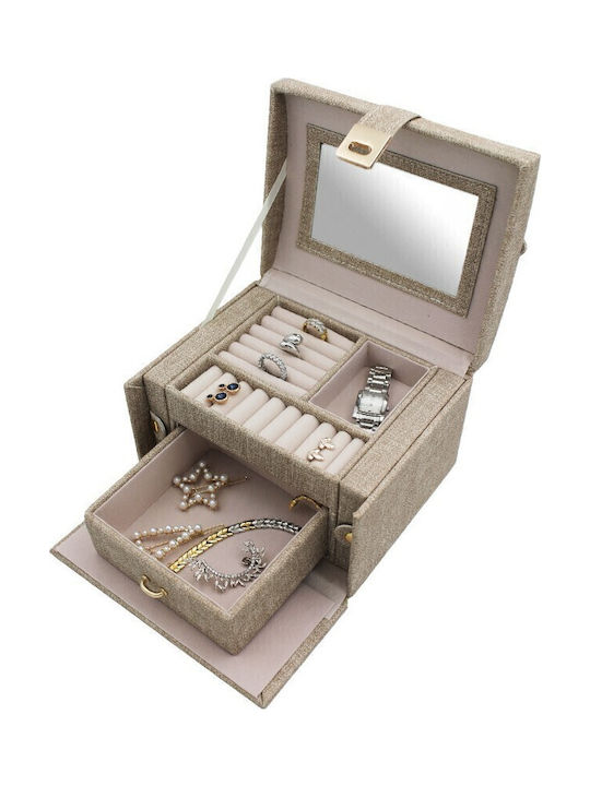 Velvet Jewellery Box with Drawer and Mirror Dark Beige 19.5x16x12cm