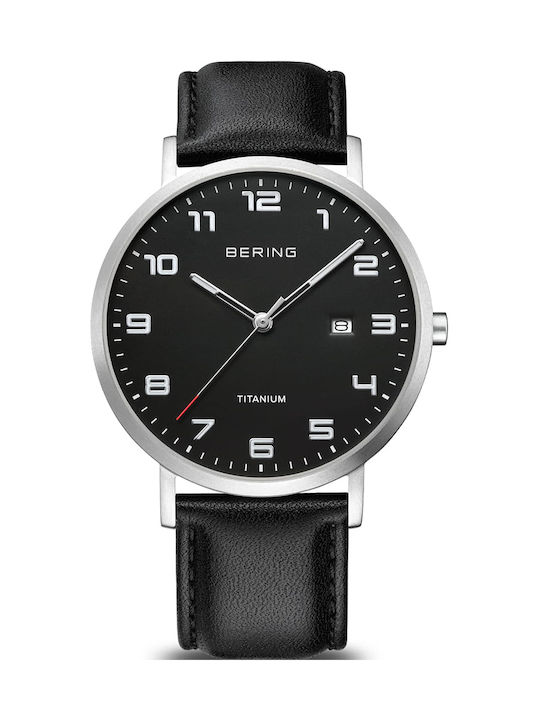 Bering Time Titanium Uhr Batterie mit Schwarz Lederarmband