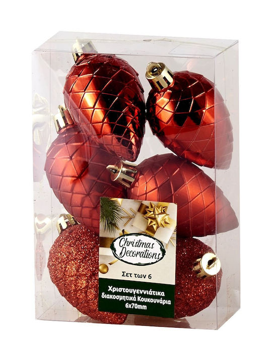 Hanging Ornament Pine Plastic Red 7cm Set 6pcs