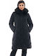 Lang Damen Puffer Jacke mit pelziger Kapuze für Winter Schwarz