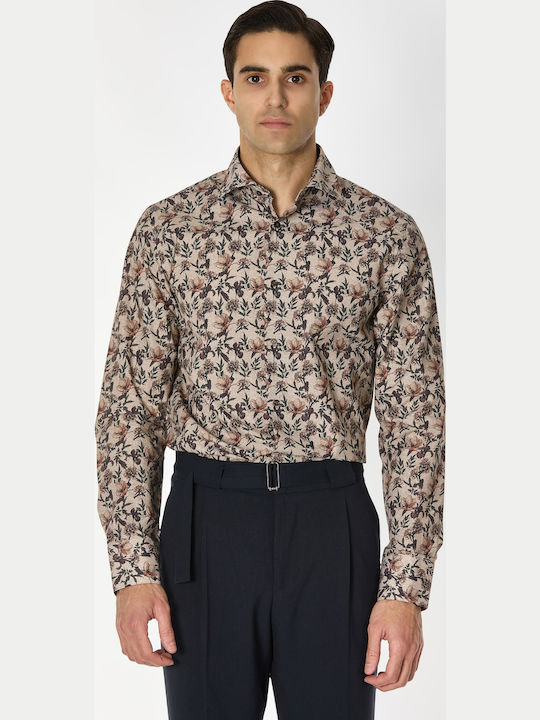 Langärmlig Baumwolle Hemd Blumen Beige