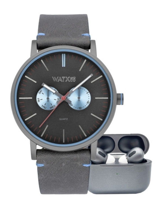 WATX & CO Ανδρικό Ρολόι 44mm Χρονογράφος Μπαταρίας με Γκρι Δερμάτινο Λουράκι