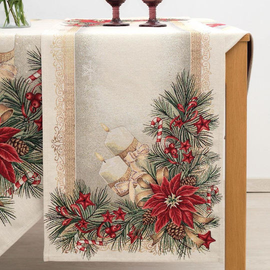 Dimeco Christmas Tablecloth Runner Fabric Ecru-Red L140xW45cm.