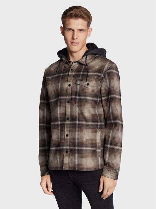 Furnace Long Sleeve Flannel Overshirt in Regular Fit Checked Brown