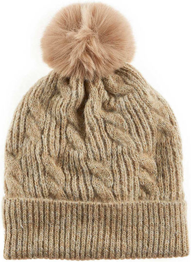 Pom Pom Beanie Frauen Beanie mit Strickmuster in Beige Farbe